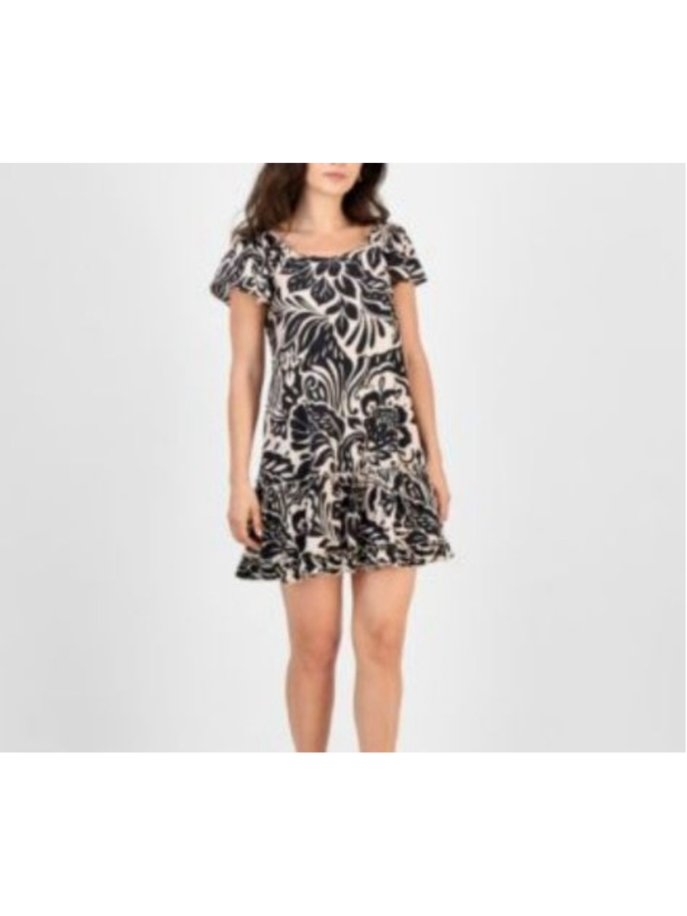 Women's ROBBIE BEE Boho Navy Beige Floral Paisley Mini Dress S Ruffle Detail